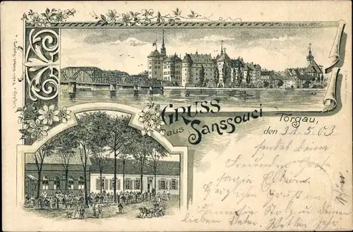 Litho Torgau an der Elbe, Schloss Hartenfels, Gastwirtschaft Sanssouci