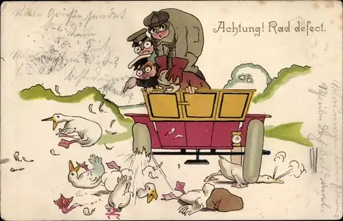 Litho Achtung, Rad defect, Vier Männer im Automobil, überfahrene Gänse
