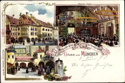 Litho München Bayern, Hofbräuhaus, Oberer Saal, Hof