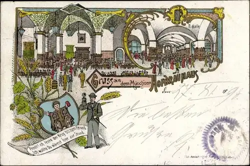 Litho München Bayern, Hofbräuhaus, Saal, Halle, Münchner Kindl
