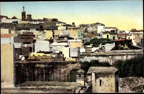 Ak Tanger Marokko, Blick auf den Ort, Gebäude, Minarett, Mauer