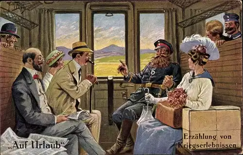 Künstler Ak Thiele, Arthur, Auf Urlaub, Erzählung von Kriegserlebnissen, Eisenbahnabteil
