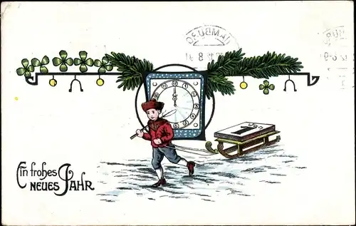 Ak Glückwunsch Neujahr, Junge mit Schlitten, Kalender, Uhr
