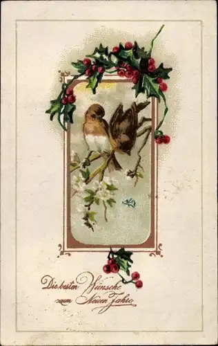 Ak Glückwunsch Neujahr, Vögel, Stechpalmenzweige