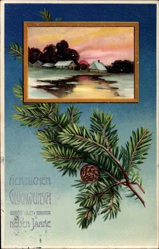 Ak Glückwunsch Neujahr, Landschaft, Sonnenuntergang