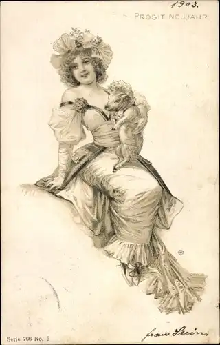 Litho Glückwunsch Neujahr, Elegante Dame mit Ferkel im Arm