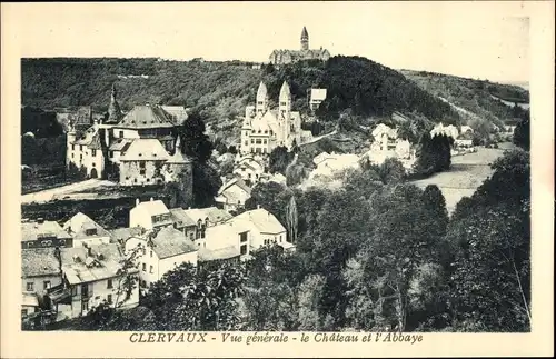 Ak Clervaux Clerf Luxembourg, Vue generale, le Chateau et l'Abbaye
