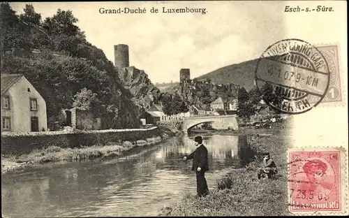 Ak Esch Sauer Luxemburg, Grand Duche, Stadtansicht, Brücke, Flusspartie, Angler