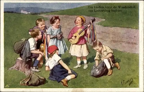 Künstler Ak Feiertag, K., Singendes Mädchen, Gitarre, Ein Liedlein kürzt die Wanderschaft...