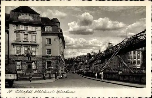 Ak Elberfeld Wuppertal, Städtische Sparkasse, Denkmal, Schwebebahn
