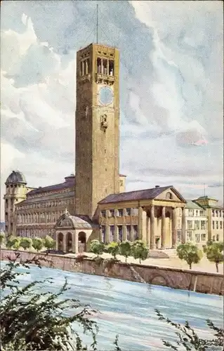 Künstler Ak München Bayern, Blick auf einen Glockenturm, Flusspartie