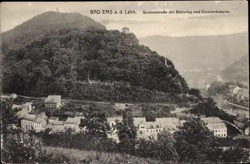 Ak Bad Ems an der Lahn, Grabenstraße mit Bäderley und Concorditurm