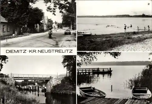 Ak Diemitz Mirow Mecklenburgische Seenplatte, Dorfstraße, Freibad am Vilzsee, Schleuse bei Fleeth