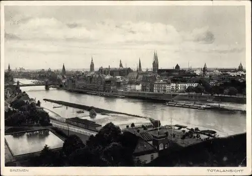 Ak Hansestadt Bremen, Totalansicht über Fluss, Kirchtürme