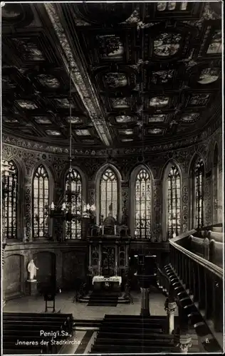 Ak Penig in Sachsen, Inneres der Stadtkirche mit Deckengemälde und Altar