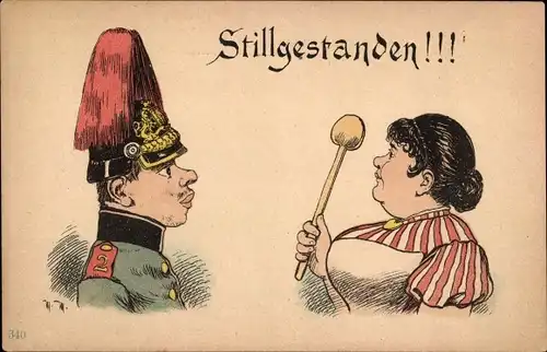 Litho Stillgestanden, Soldat und seine Frau, Ehefrau herrscht zu Hause, Ehehumor