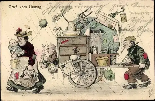 Künstler Ak Gruß vom Umzug, Familie, Mann mit Pfeife, Kinder, Gepäck, Möbel