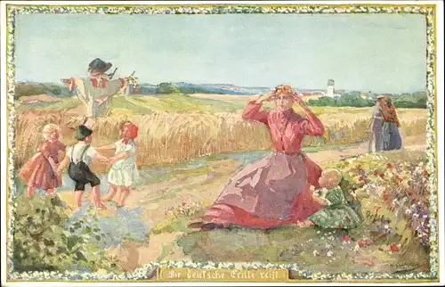 Künstler Ak Die deutsche Ernte reift, Tanzende Kinder, Vogelscheuche