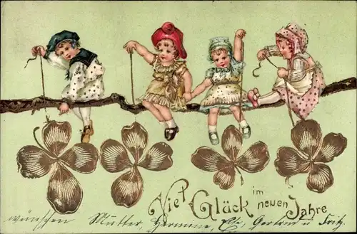 Litho Glückwunsch Neujahr, Kinder am Zweig, Glücksklee