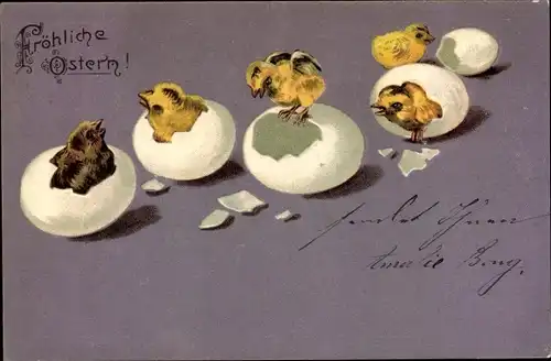 Präge Litho Glückwunsch Ostern, Küken schlüpfen aus Eiern