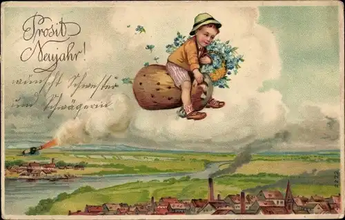 Präge Ak Glückwunsch Neujahr, Sekt, Sektkorken, Junge, Blumen