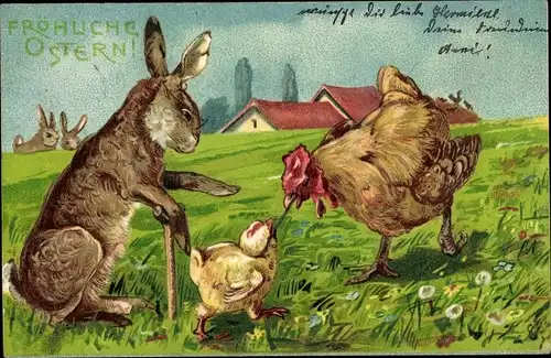 Präge Litho Glückwunsch Ostern, Osterhase, Küken, Henne, Regenwurm