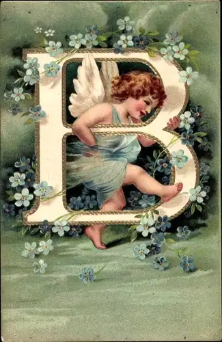 Präge Buchstaben Ak Engel, Buchstabe B, Vergissmeinnicht