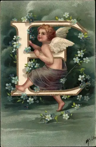 Präge Buchstaben Litho C, Engel, Vergissmeinnicht