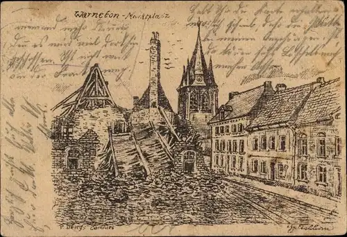 Künstler Ak Warneton Wallonien Hennegau, Marktplatz, Kriegszerstörung 1. WK