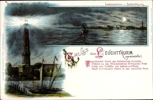 Mondschein Litho Warszów Osternothafen Świnoujście Swinemünde Pommern, Leuchtturm