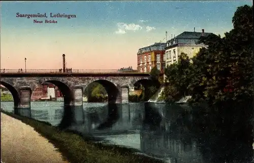 Ak Saargemünd Sarreguemines Moselle, Neue Brücke, Flusspartie