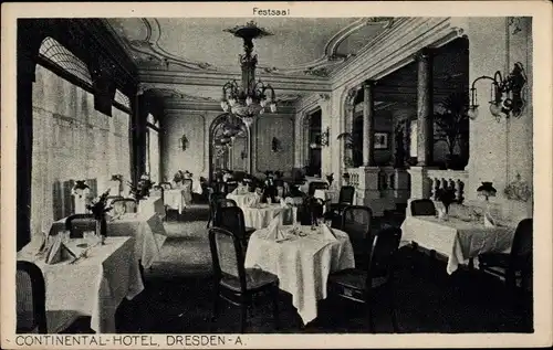 Ak Dresden, Continental Hotel, Festsaal, Innenansicht, Kronleuchter, Säulen