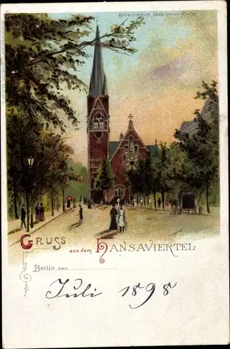 Litho Berlin Mitte, Partie im Hansaviertel mit Kirche