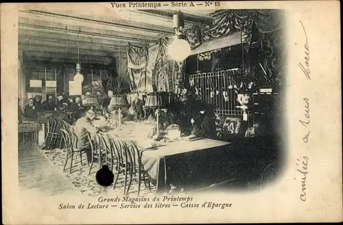 Ak Paris VIII, Grands Magasins du Printemps, Salon de Lecture, Caisse d'Epargne