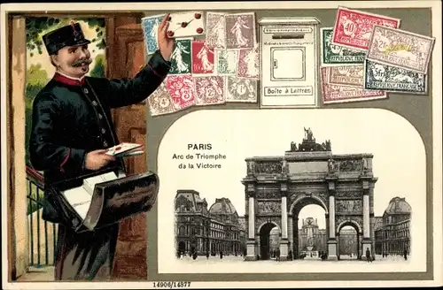 Präge Briefmarken Ak Paris, Arc de Triomphe de la Victoire, Postbote