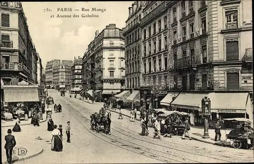 Ak Paris V., Rue Monge et Avenue des Gobelins, marchands, caleche