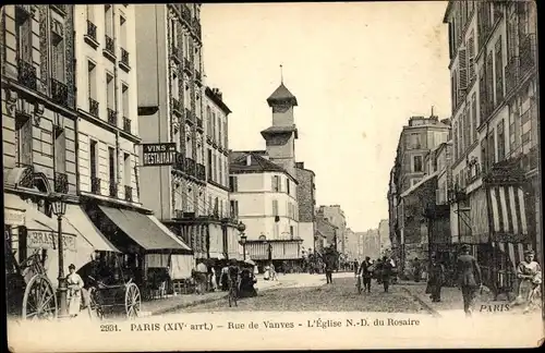 Ak Paris XIV, Rue de Vanves, Brasserie, Restaurant, Eglise Notre Dame du Rosaire