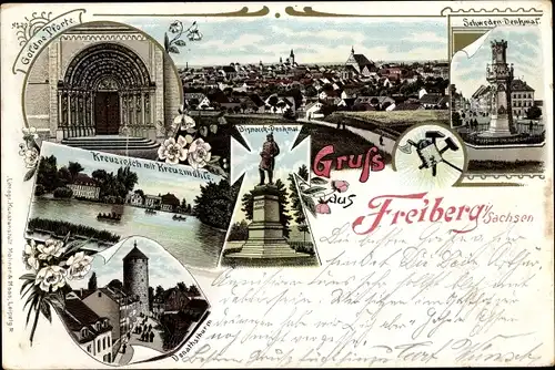 Litho Freiberg in Sachsen, Bismarck-Denkmal, Schweden-Denkmal, Kreuzmühle, Goldene Pforte