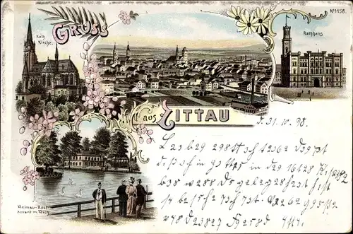 Litho Zittau in Sachsen, Kath. Kirche, Rathaus, Weinau Restaurant