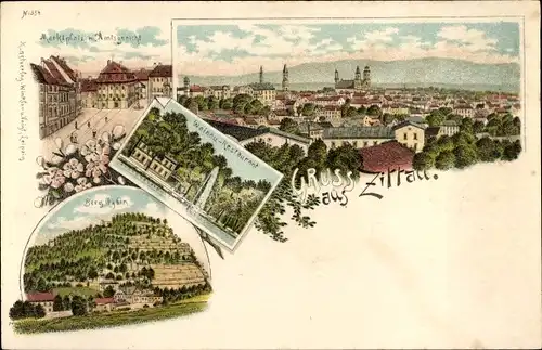 Litho Zittau in Sachsen, Marktplatz, Amtsgericht, Weinau-Restaurant, Berg Oybin, Gesamtansicht