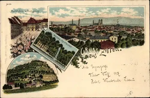 Litho Zittau in Sachsen, Marktplatz, Amtsgericht, Weinau-Restaurant, Berg Oybin, Gesamtansicht