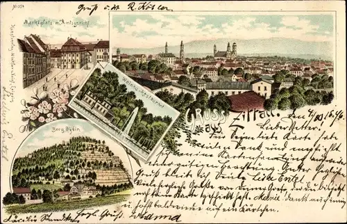 Litho Zittau in Sachsen, Marktplatz, Amtsgericht, Weinau-Restaurant, Berg Oybin, Gesamtansicht