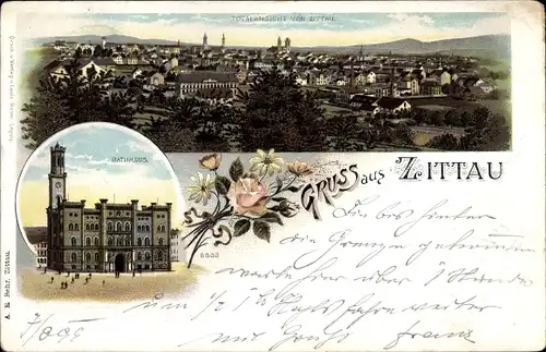 Litho Zittau in Sachsen, Rathaus, Gesamtansicht der Stadt