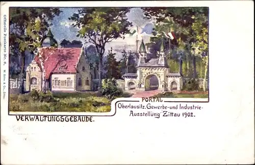 Künstler Ak Zittau in Sachsen, Gewerbe- u. Industrieaustellung 1902, Verwaltungsgebäude, Portal