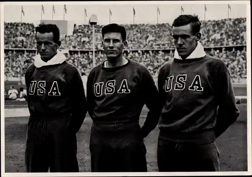 Sammelbild Olympia 1936, Zehnkämpfer Clark, Morris und Parker