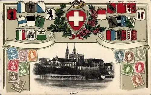 Präge Briefmarken Wappen Ak Bâle Basel Stadt Schweiz, Stadtansicht