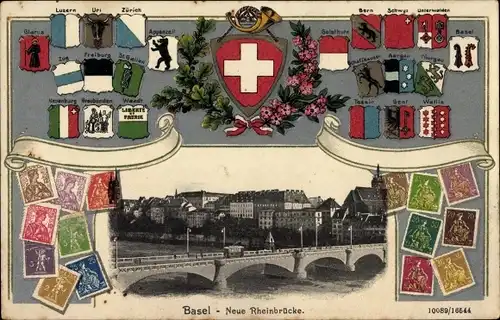 Präge Briefmarken Wappen Ak Bâle Basel Stadt Schweiz, Neue Rheinbrücke