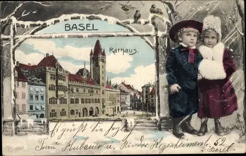 Passepartout Ak Bâle Basel Stadt Schweiz, Rathaus, Kinder in Winterkleidung