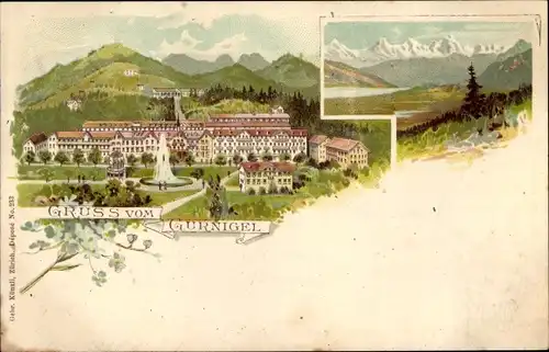 Litho Gurnigelbad Riggisberg Kanton Bern, Gruß vom Gurnigel, Gebirge, Gebäude