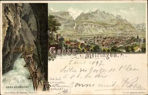 Litho Meyringen Meiringen Kanton Bern, Aareschlucht, Blick auf den Ort